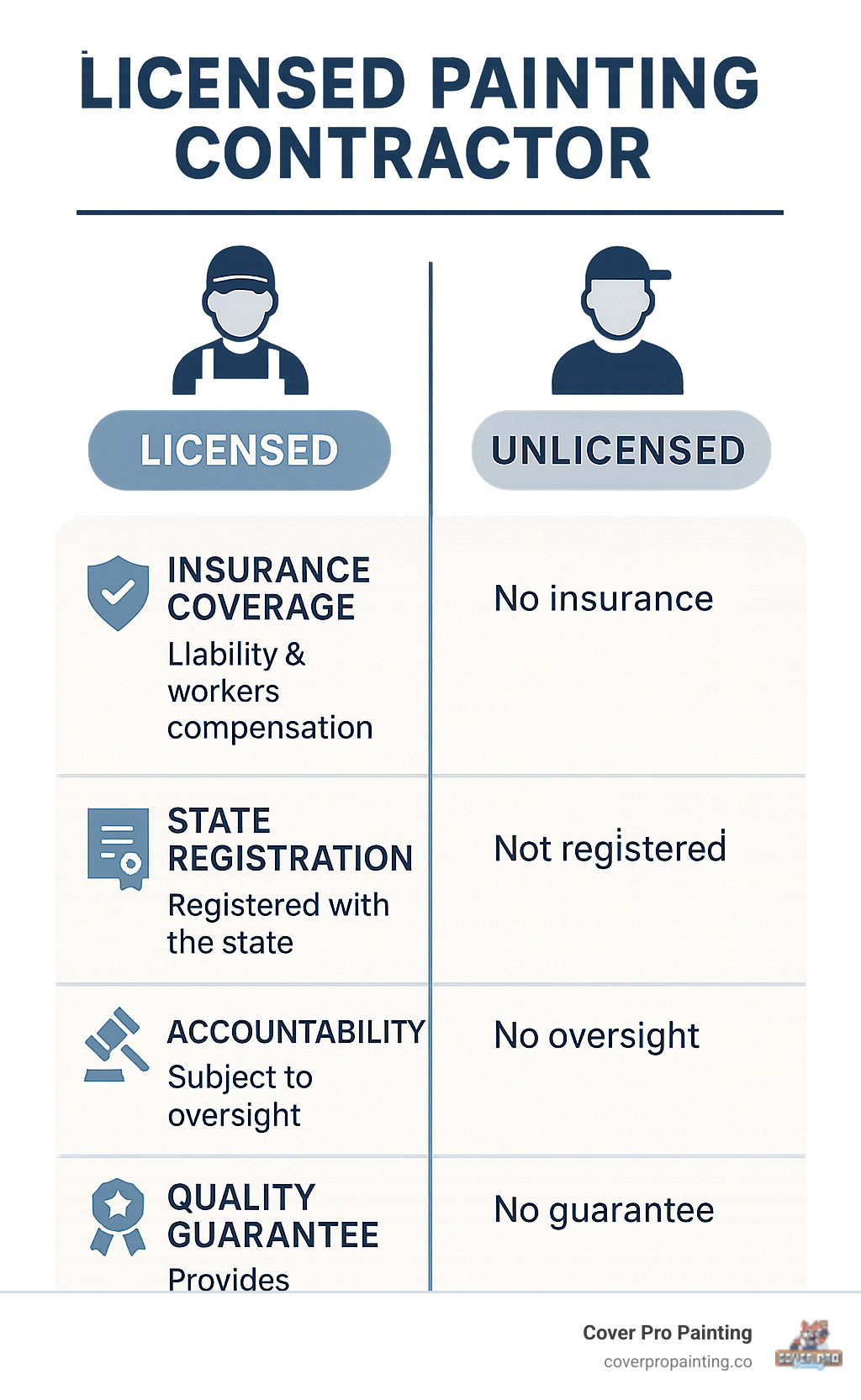 Infographic showing key differences between licensed and unlicensed painting contractors including insurance coverage, state registration, accountability measures, and quality guarantees - licensed painting contractor infographic 