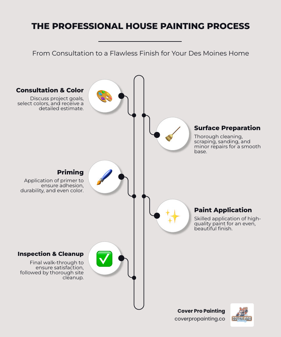 Infographic showing the complete house painting process from initial consultation and color selection through surface preparation, priming, painting application, and final quality inspection with cleanup - house painting Des Moines infographic infographic-line-5-steps-neat_beige