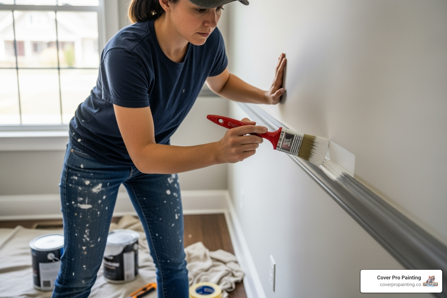 a painter carefully cutting in trim on an interior wall - house painting Des Moines