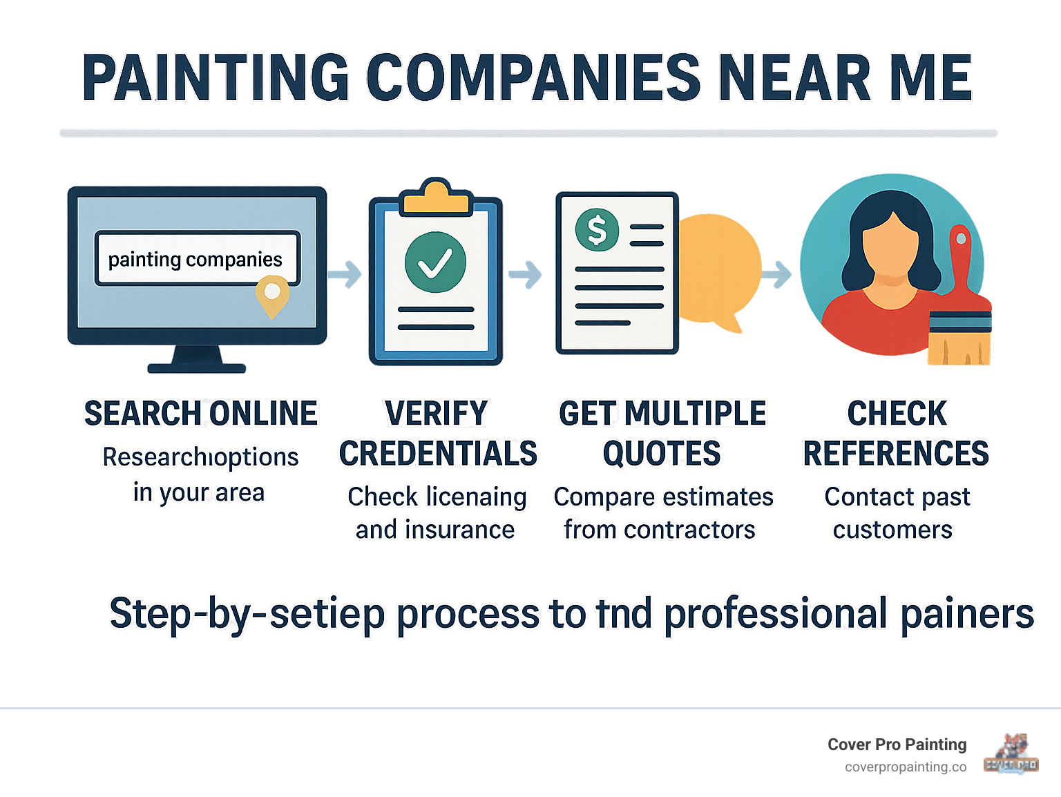 Step-by-step process showing how to research, vet, and hire professional painters including online searches, credential verification, getting multiple quotes, checking references, and finalizing contracts - painting companies near me infographic 