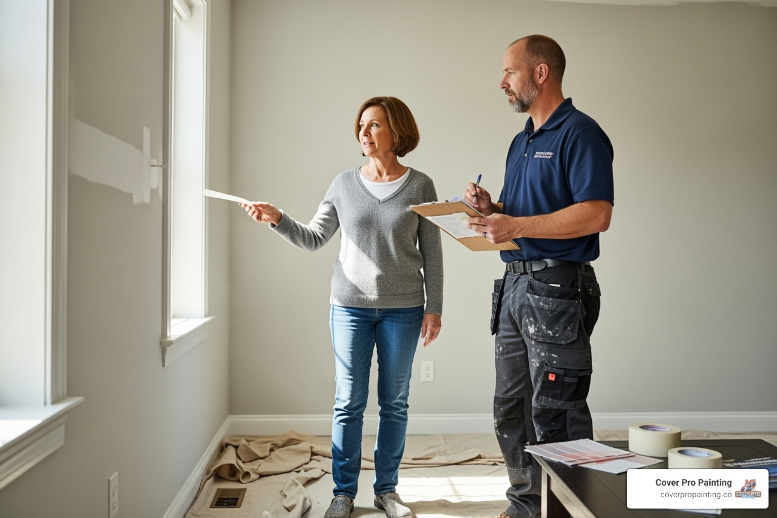 homeowner talking to a painting contractor with a clipboard - painting companies near me