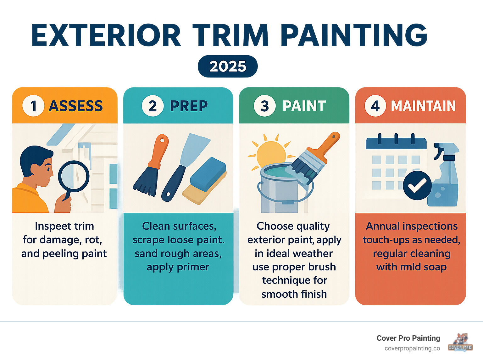 Infographic showing the 4 main stages of exterior trim painting: Stage 1 - Assess (inspect trim for damage, rot, and peeling paint), Stage 2 - Prep (clean surfaces, scrape loose paint, sand rough areas, apply primer), Stage 3 - Paint (choose quality exterior paint, apply in ideal weather, use proper brush techniques for smooth finish), Stage 4 - Maintain (annual inspections, touch-ups as needed, regular cleaning with mild soap) - exterior trim painting infographic 