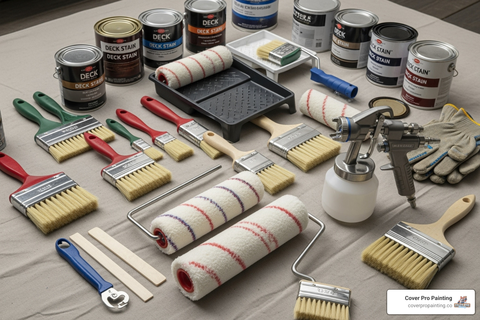 Various deck painting and staining tools laid out on a drop cloth, including brushes, rollers, and a paint sprayer - deck painting and staining