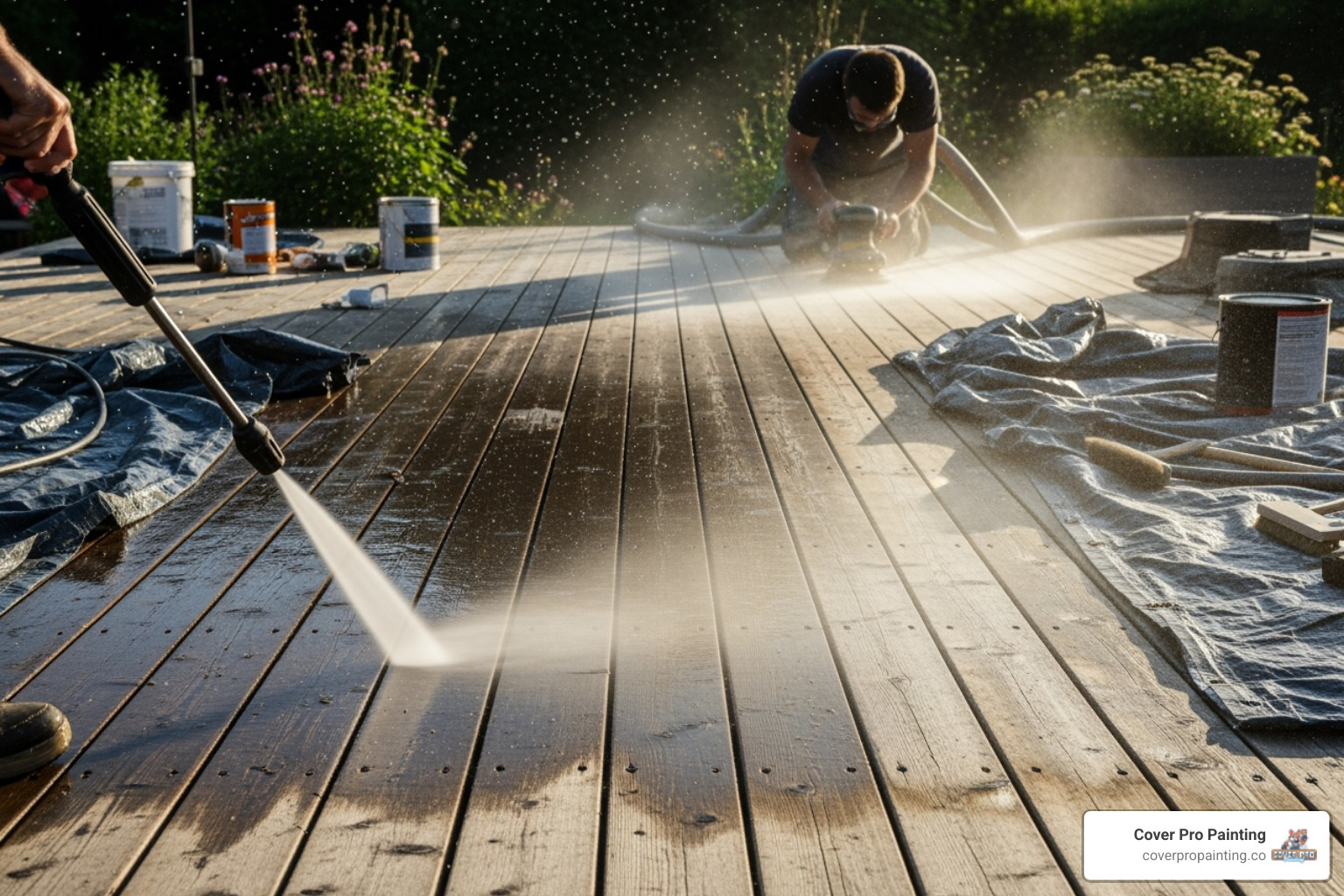A deck being carefully prepared, with one section being power washed and another being sanded down - deck painting and staining