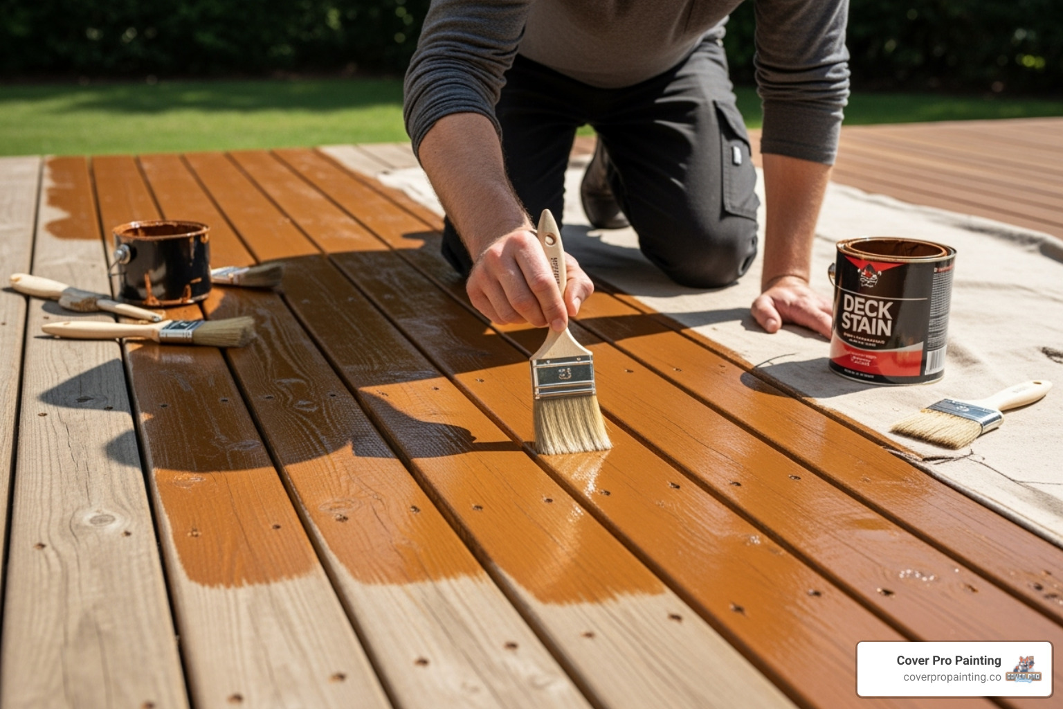 A person carefully applying deck stain to individual deck boards using a brush, following the wood grain - deck painting and staining