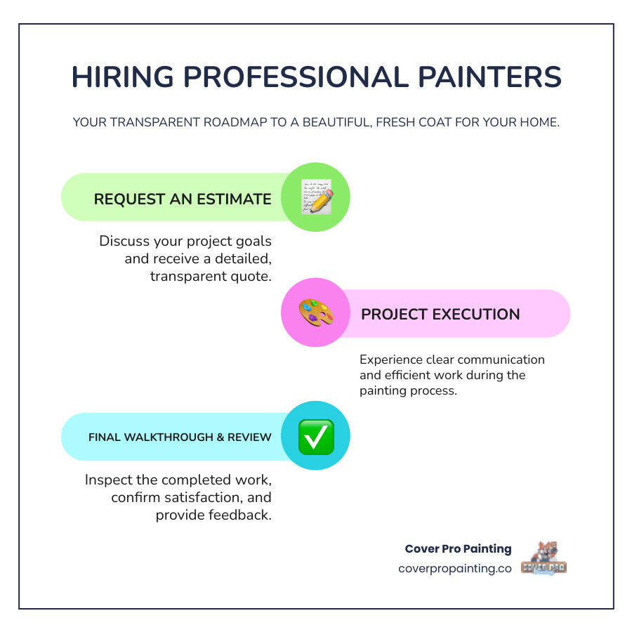 Infographic detailing the step-by-step process of hiring a professional painter, from initial consultation to final walkthrough - house painters tacoma wa infographic infographic-line-3-steps-colors