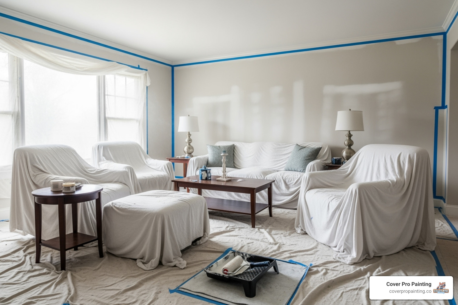 A room with furniture covered and moved to the center, ready for interior painting. - house painters tacoma wa