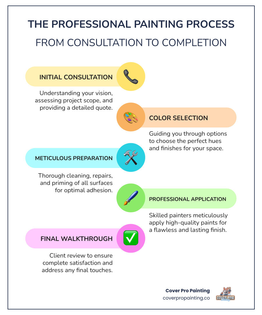 Comprehensive infographic showing the professional painting process from initial consultation through color selection, surface preparation, professional application, and final walkthrough inspection - bellevue painting services infographic infographic-line-5-steps-colors