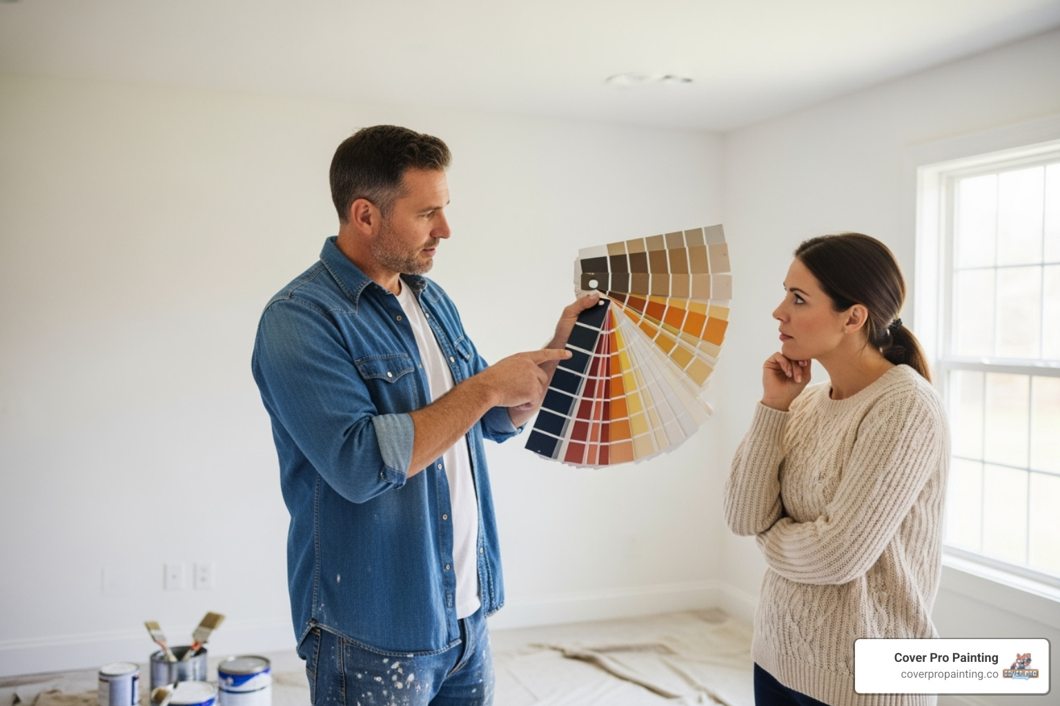 A painter showing color swatches to a homeowner, discussing color options and preferences - bellevue painting services