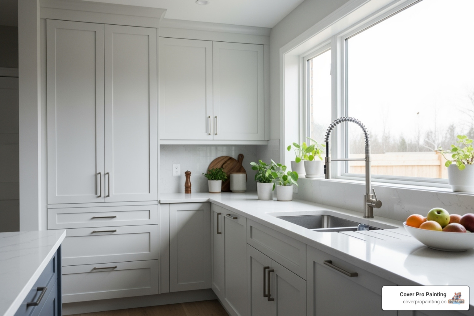 Freshly painted kitchen cabinets in a modern, bright kitchen, showcasing a sleek and updated look - bellevue painting services