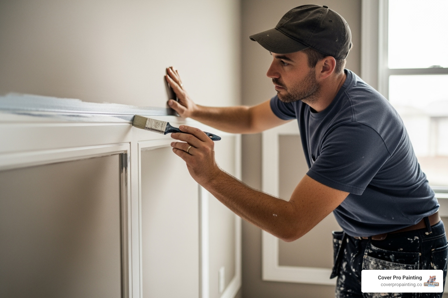 A painter carefully cutting in trim on an interior wall, demonstrating precision and attention to detail - bellevue painting services