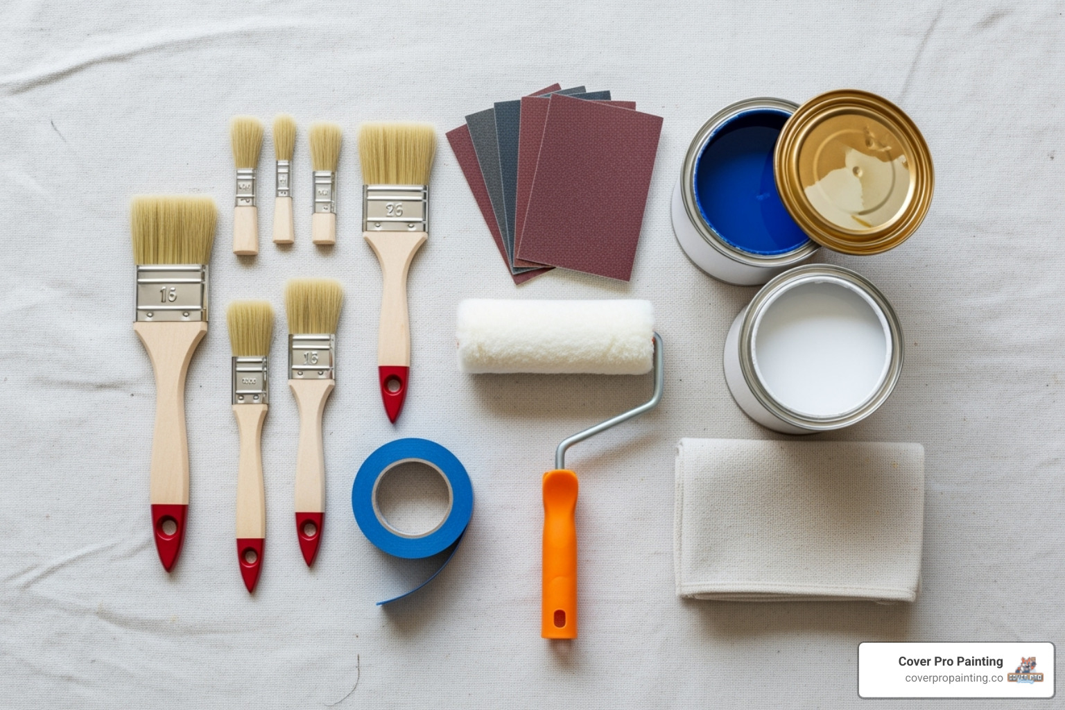 Tools and materials for painting a front door laid out neatly on a drop cloth - front door painting