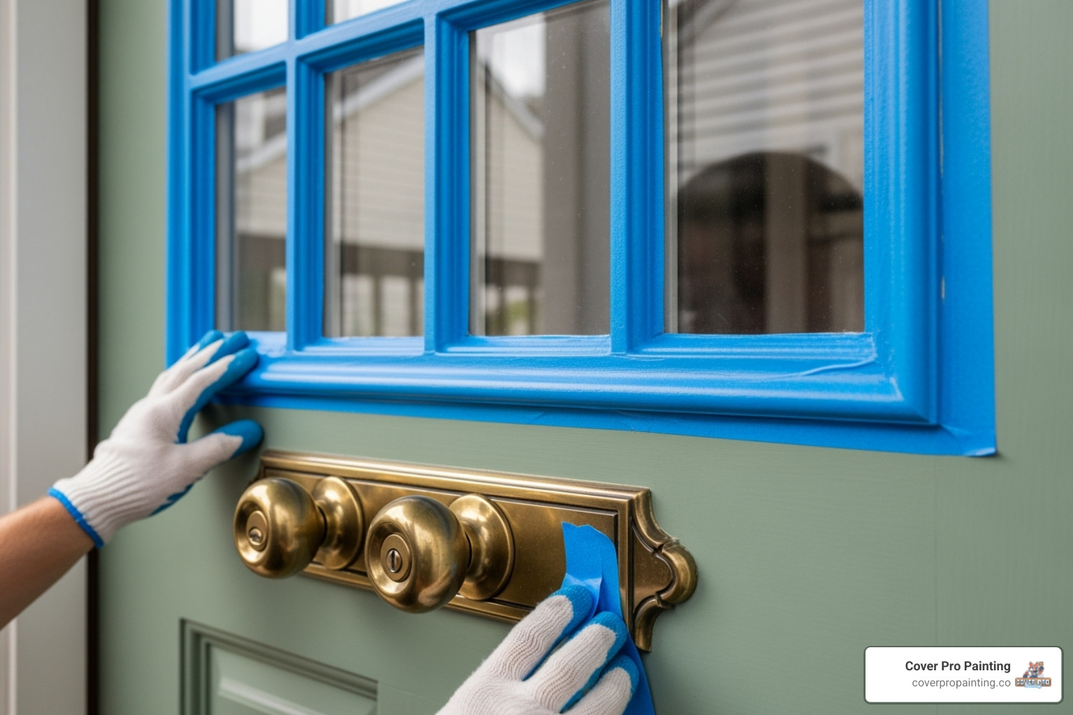A front door being carefully prepped with painter's tape around the hardware and windows, ensuring precise paint application - front door painting