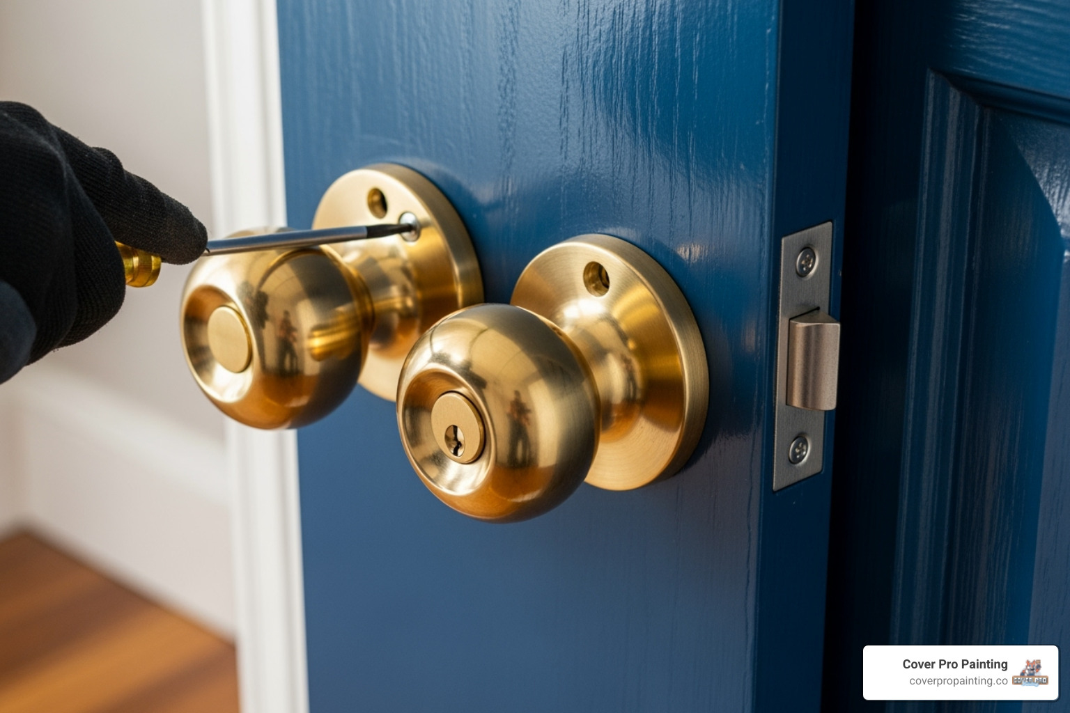 A pair of shiny new doorknobs and a deadbolt being installed on a freshly painted front door, highlighting the final, polished look - front door painting