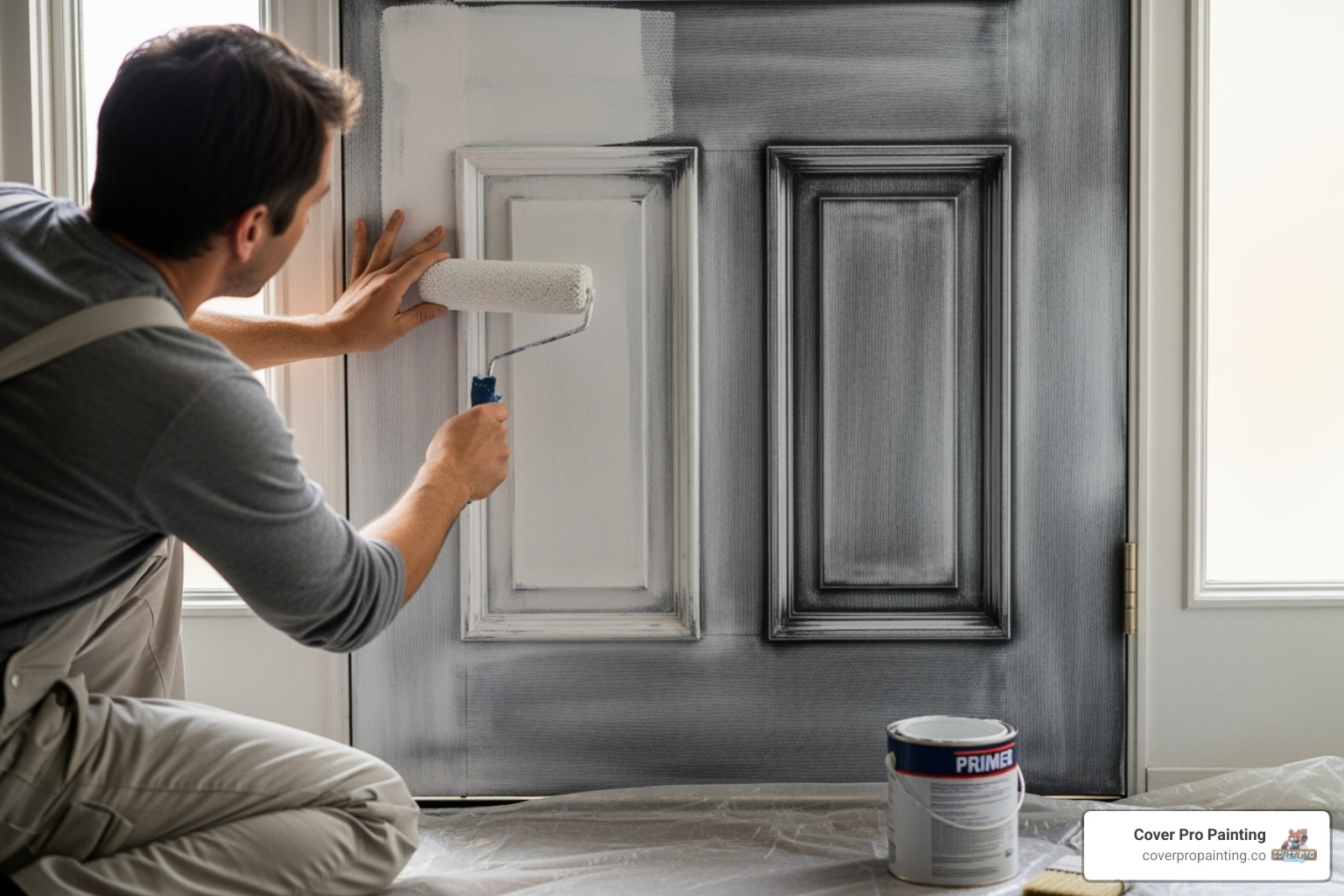 A painter applies a thin, even coat of primer to a front door, ensuring thorough coverage and proper adhesion for the subsequent paint layers - front door painting