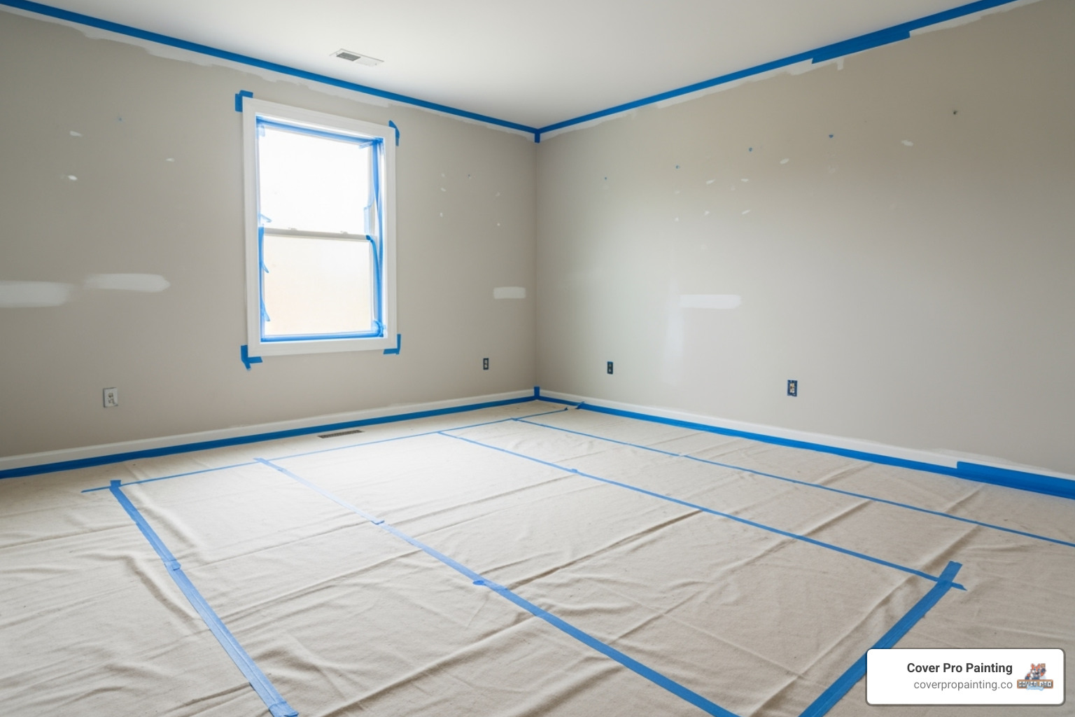 neatly prepped room with drop cloths and taped edges - painting contractors bellevue