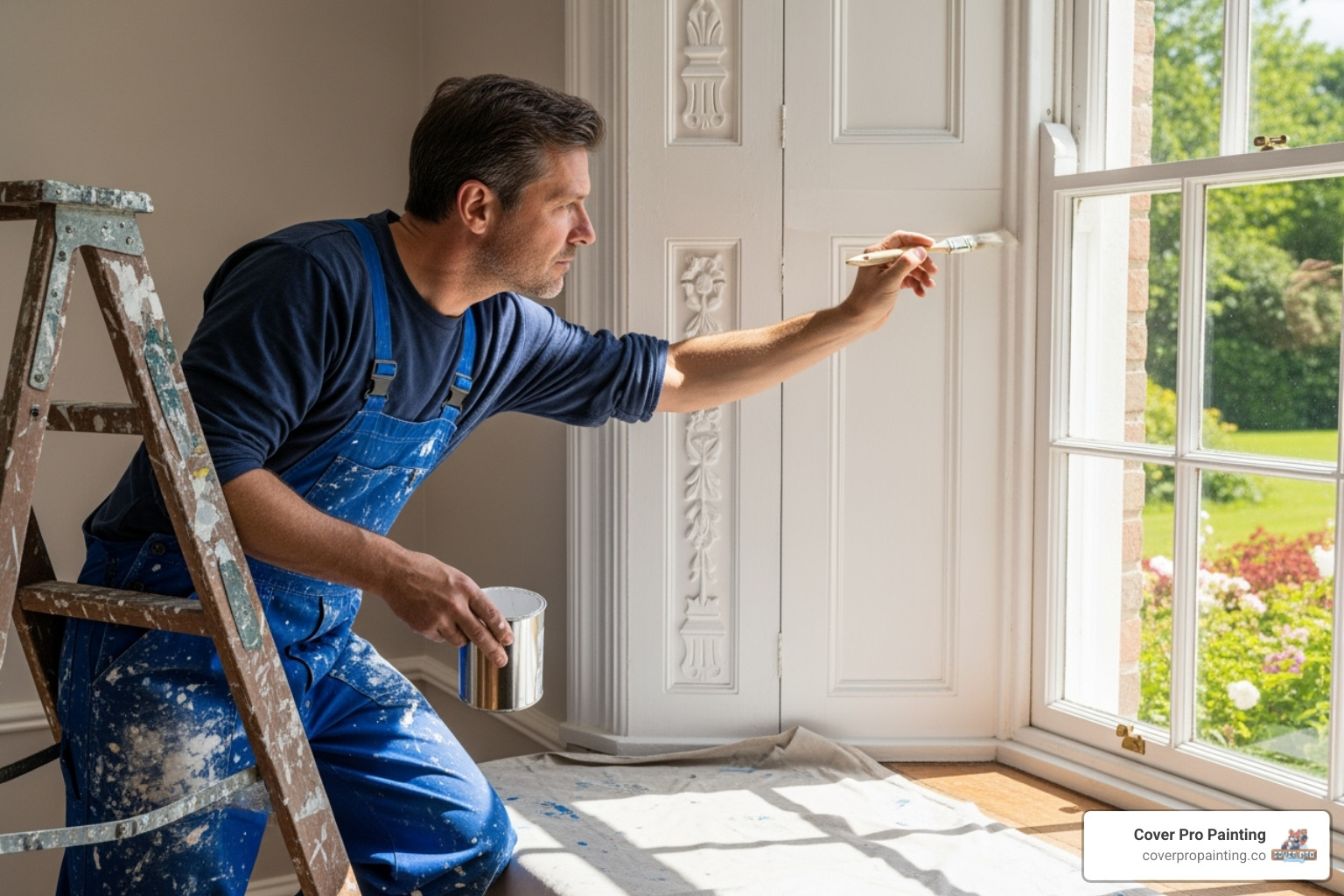 painter carefully working on detailed trim of a window - painting contractors bellevue