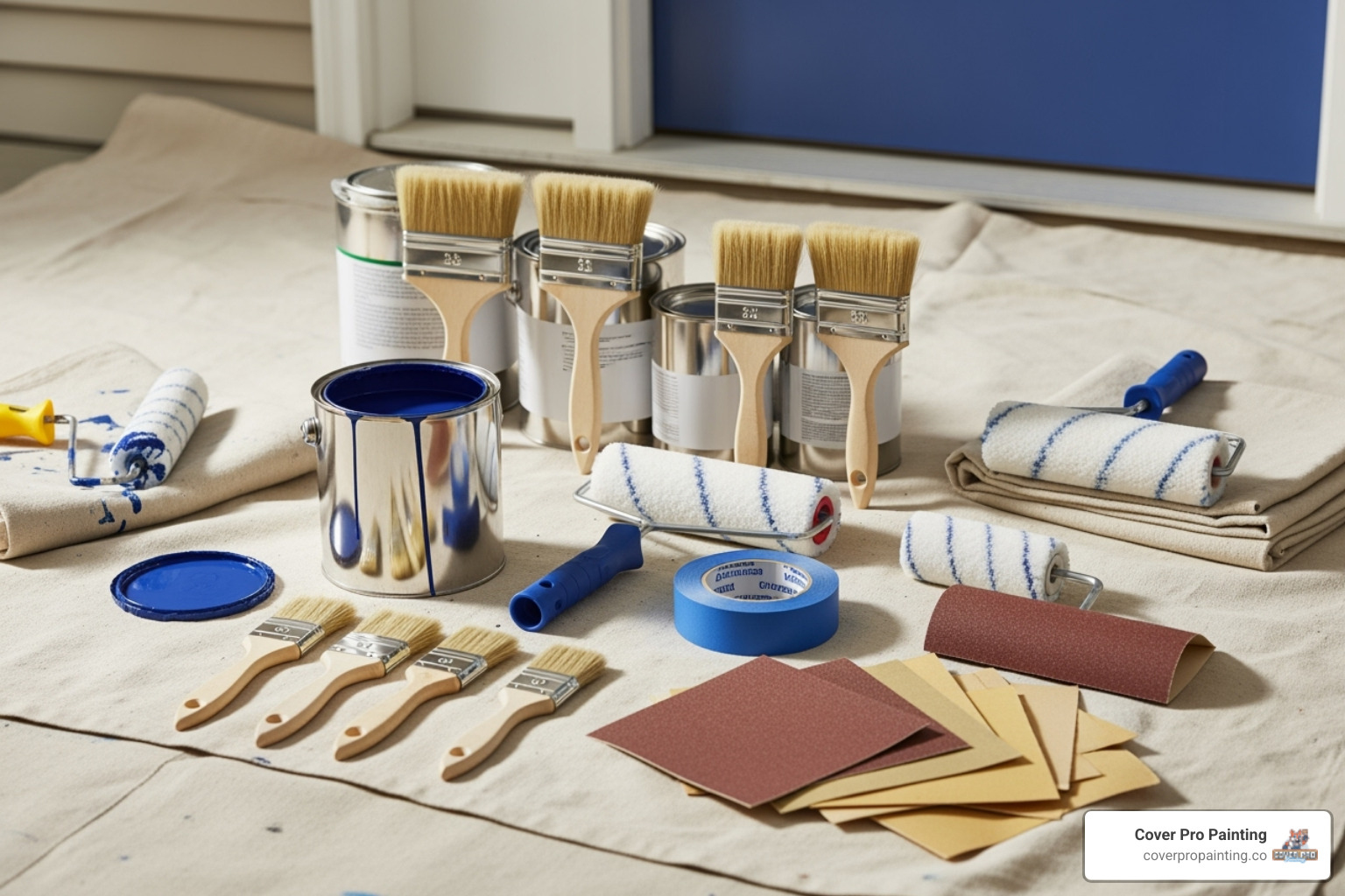 Image of all the necessary tools and materials for painting a front door laid out on a drop cloth. - Front door painting