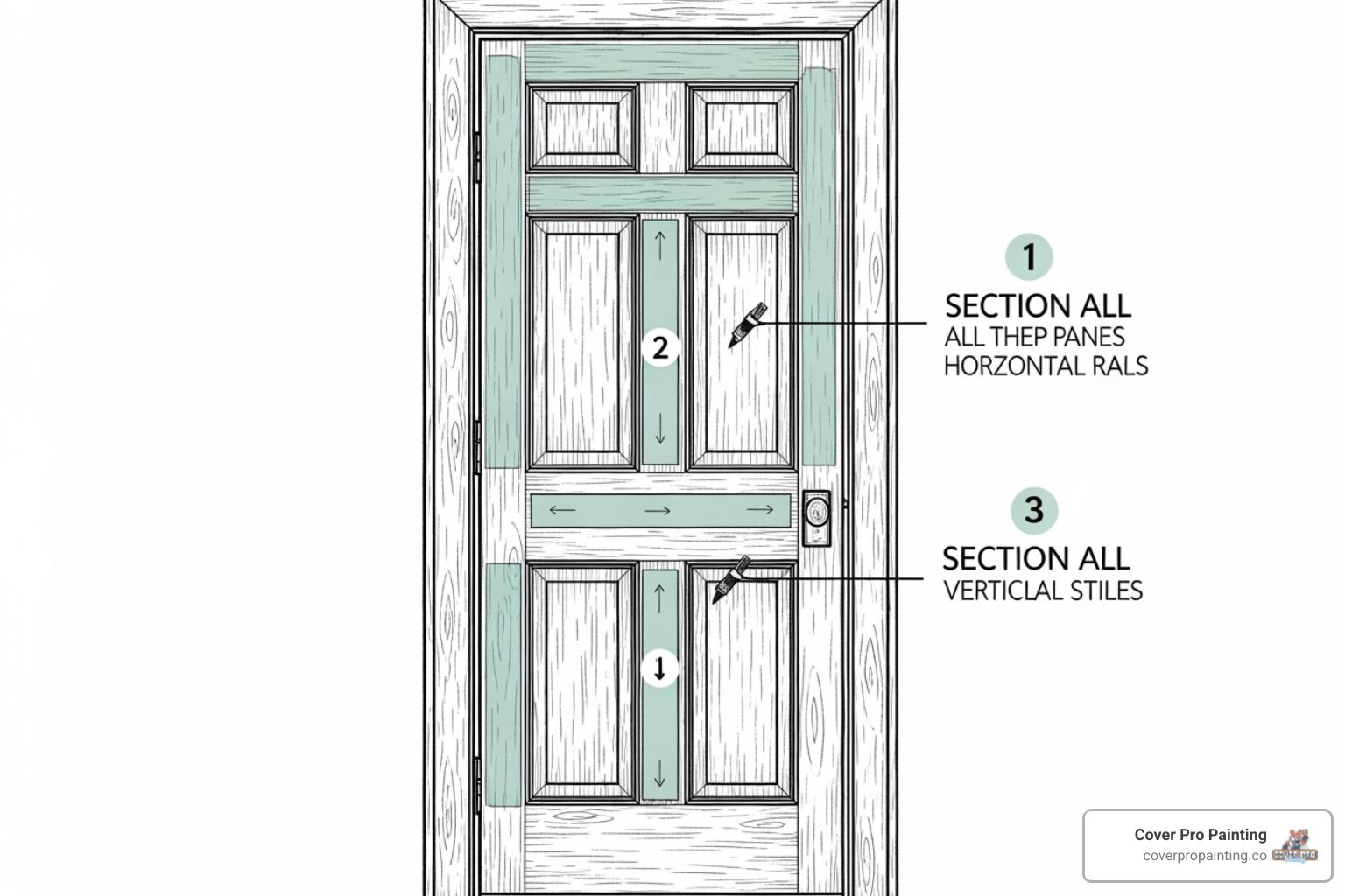Diagram showing the correct order to paint a paneled door (panels, horizontal rails, then vertical stiles). - Front door painting