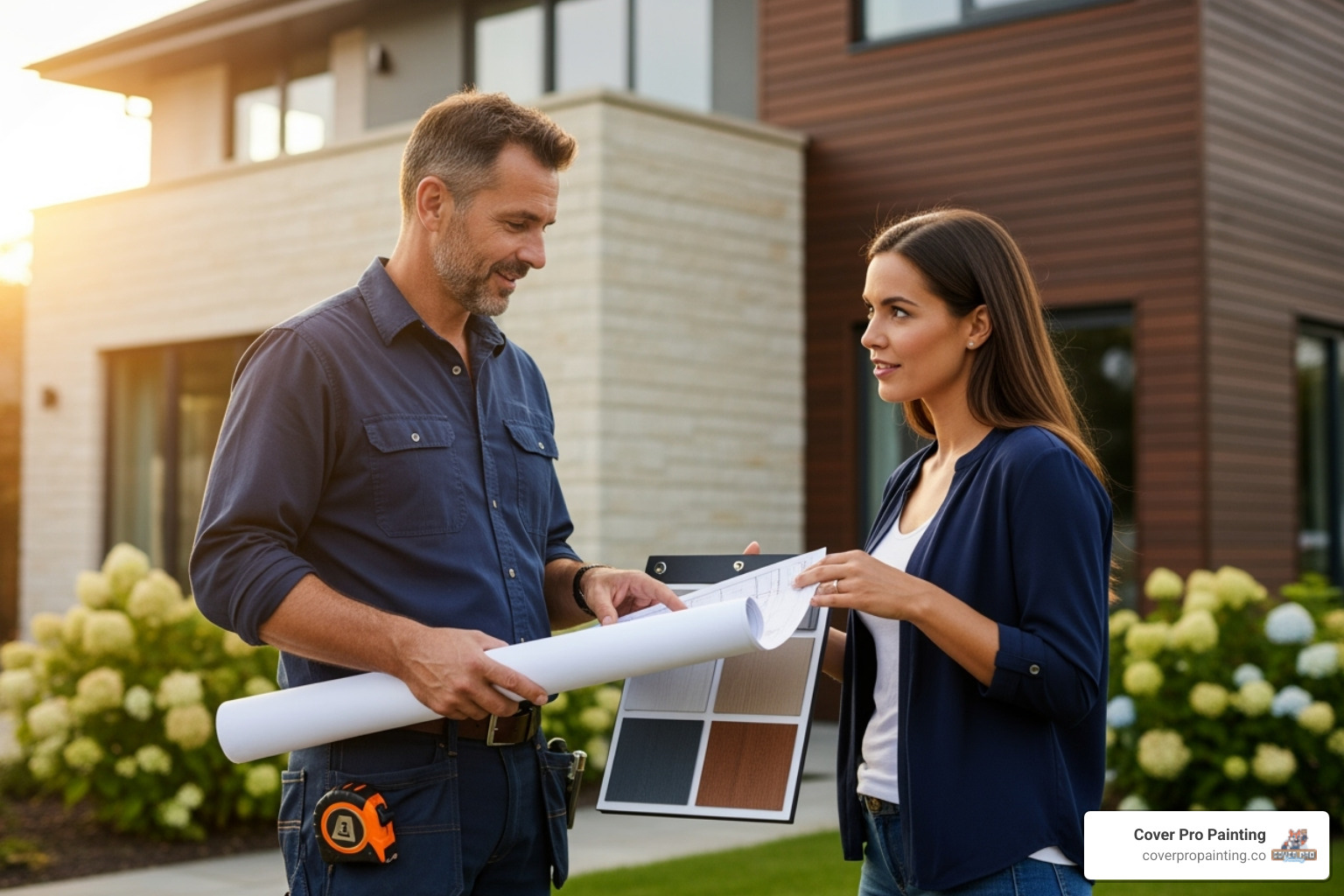 contractor discussing plans with a homeowner - home siding companies near me