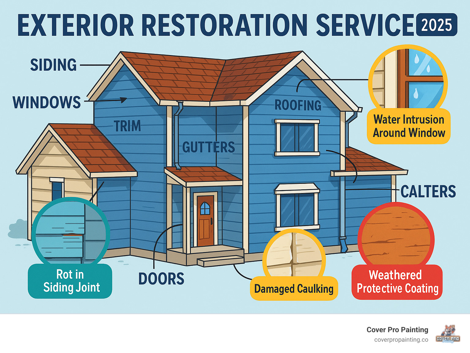Comprehensive infographic showing the key components of a home's exterior envelope including siding, windows, doors, roofing, gutters, and trim, with callouts highlighting common failure points like water intrusion around windows, rot in siding joints, damaged caulking, and weathered protective coatings - exterior restoration services infographic 