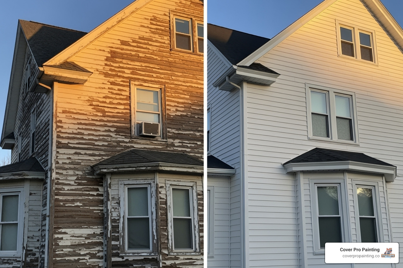split view of a damaged siding section and a fully repaired one - exterior restoration services