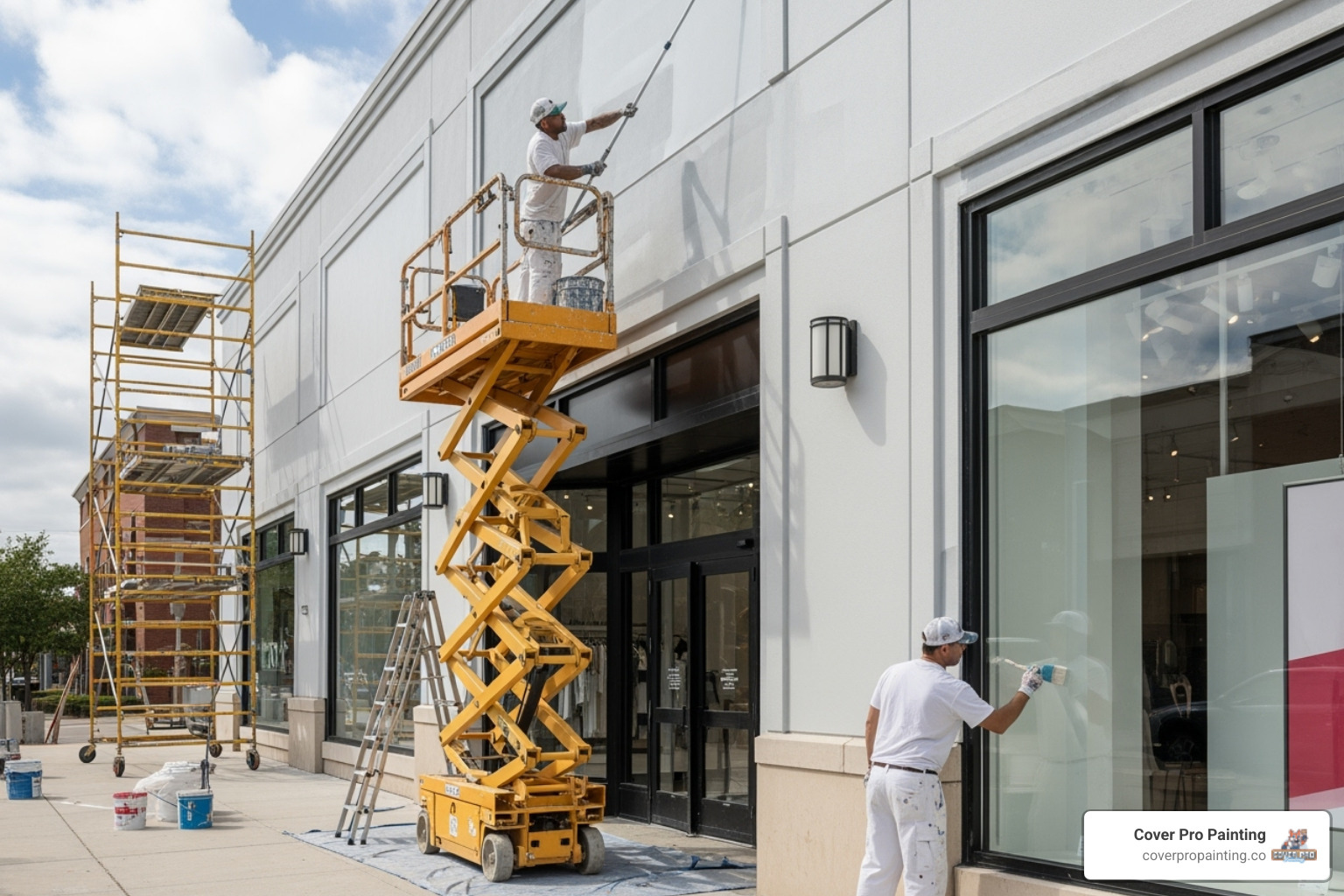 painters working on a large retail storefront - commercial painting Des Moines
