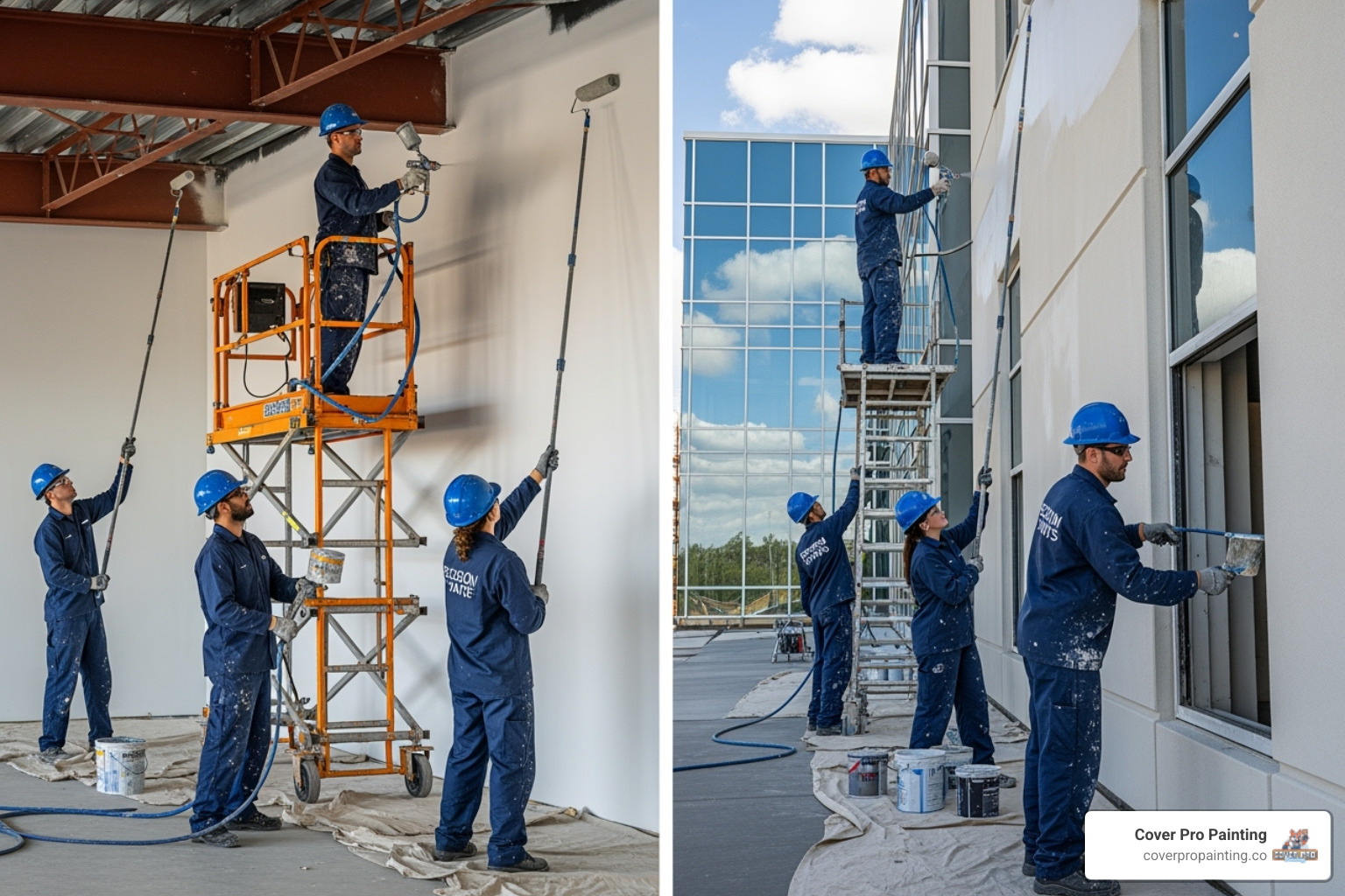 team of professional painters in uniform with modern equipment - commercial painting Des Moines