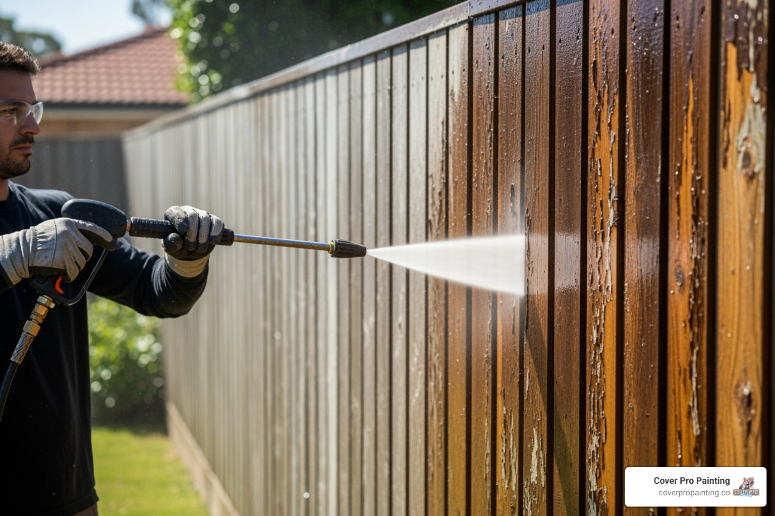 professional carefully preparing a fence for staining - fence staining Des Moines