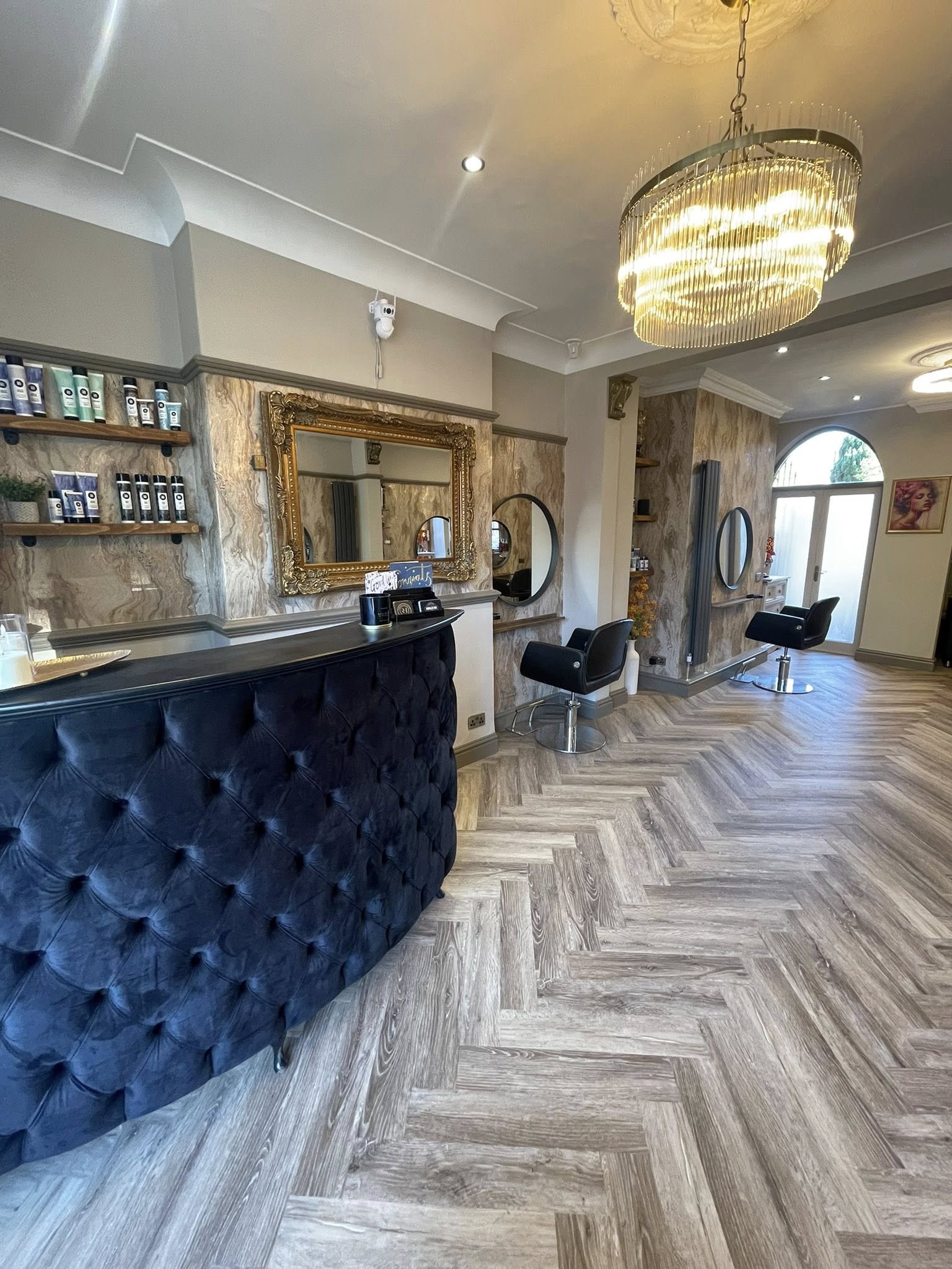A herringbone design around a modern island