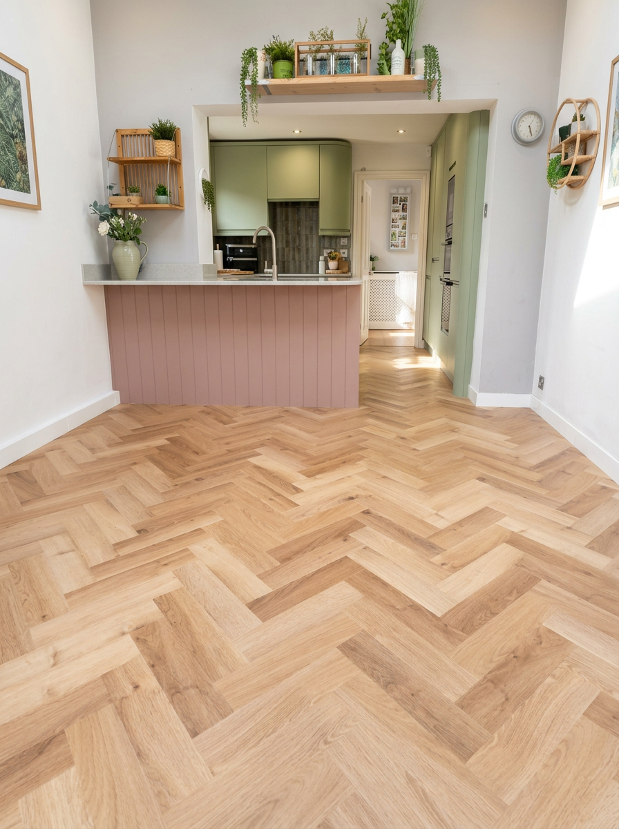 Clean kitchen with light wooden herringbone floor, pink panel bar counter, and green cabinets, decorated with plants and framed botanical prints.