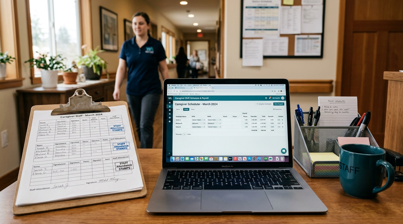 Caregiver shift scheduler and payroll management station in a Washington care home