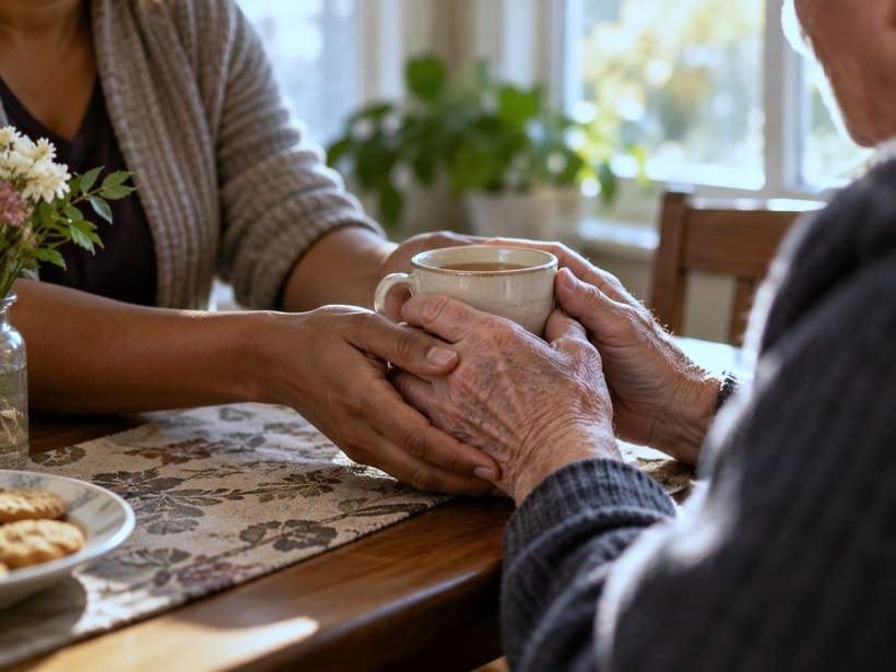 Caregiver holding an elderly resident's hands over a cup of tea