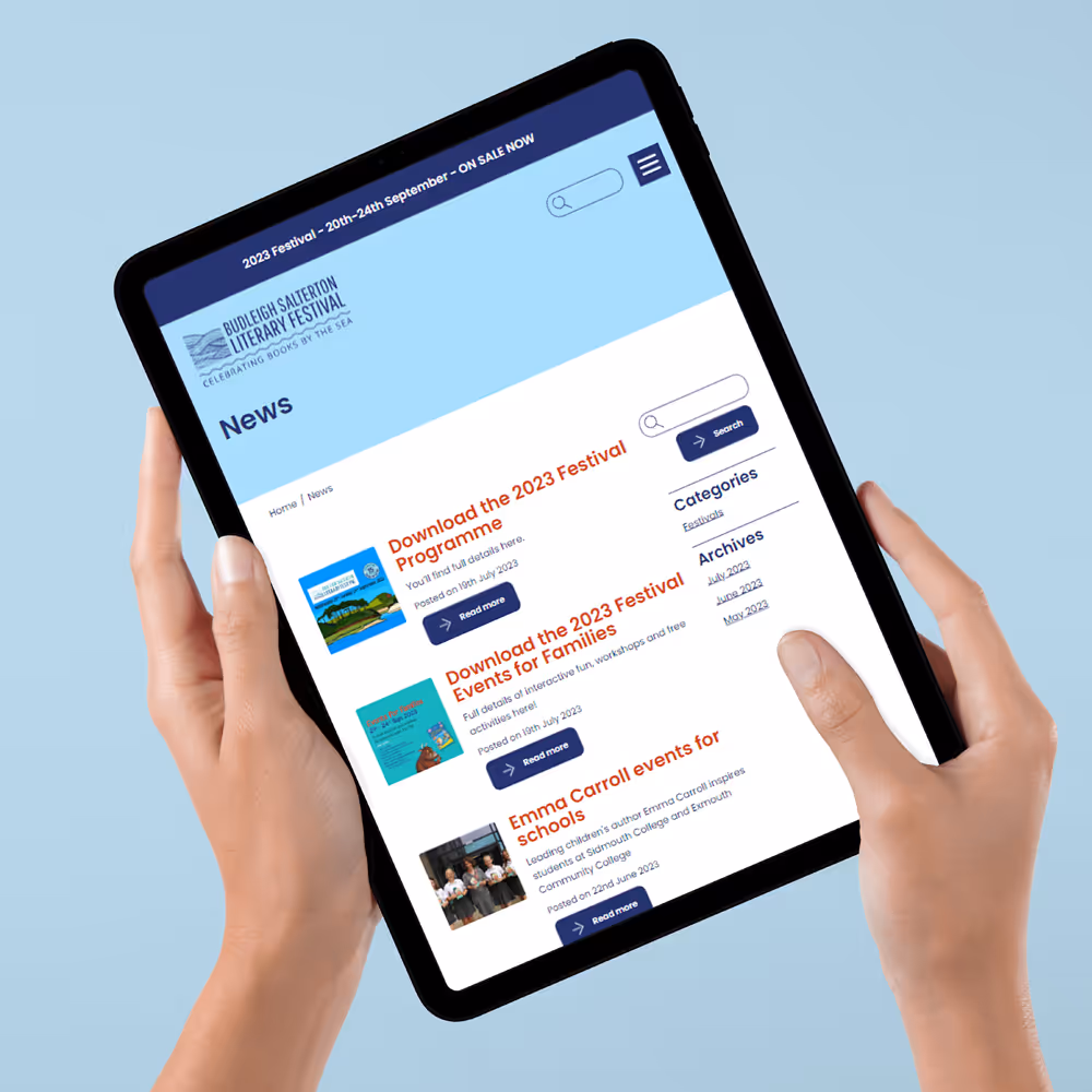 Tablet mockup of a page from the Budleigh Literature Festival website