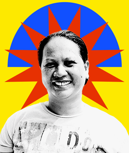A gif cycling through black and white portrait photographs of Filipino men and women looking towards the camera, overlaid on a bold blue, red and yellow graphic background.