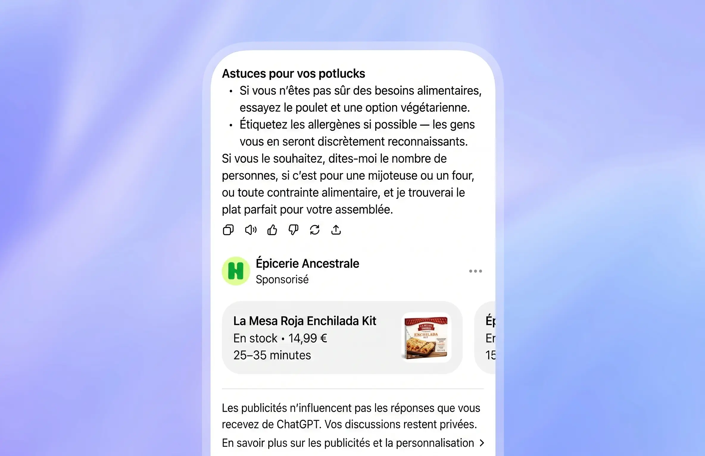 Aperçu d'annonces publicitaire sur ChatGPT sur un téléphone avec une publicité après une requête
