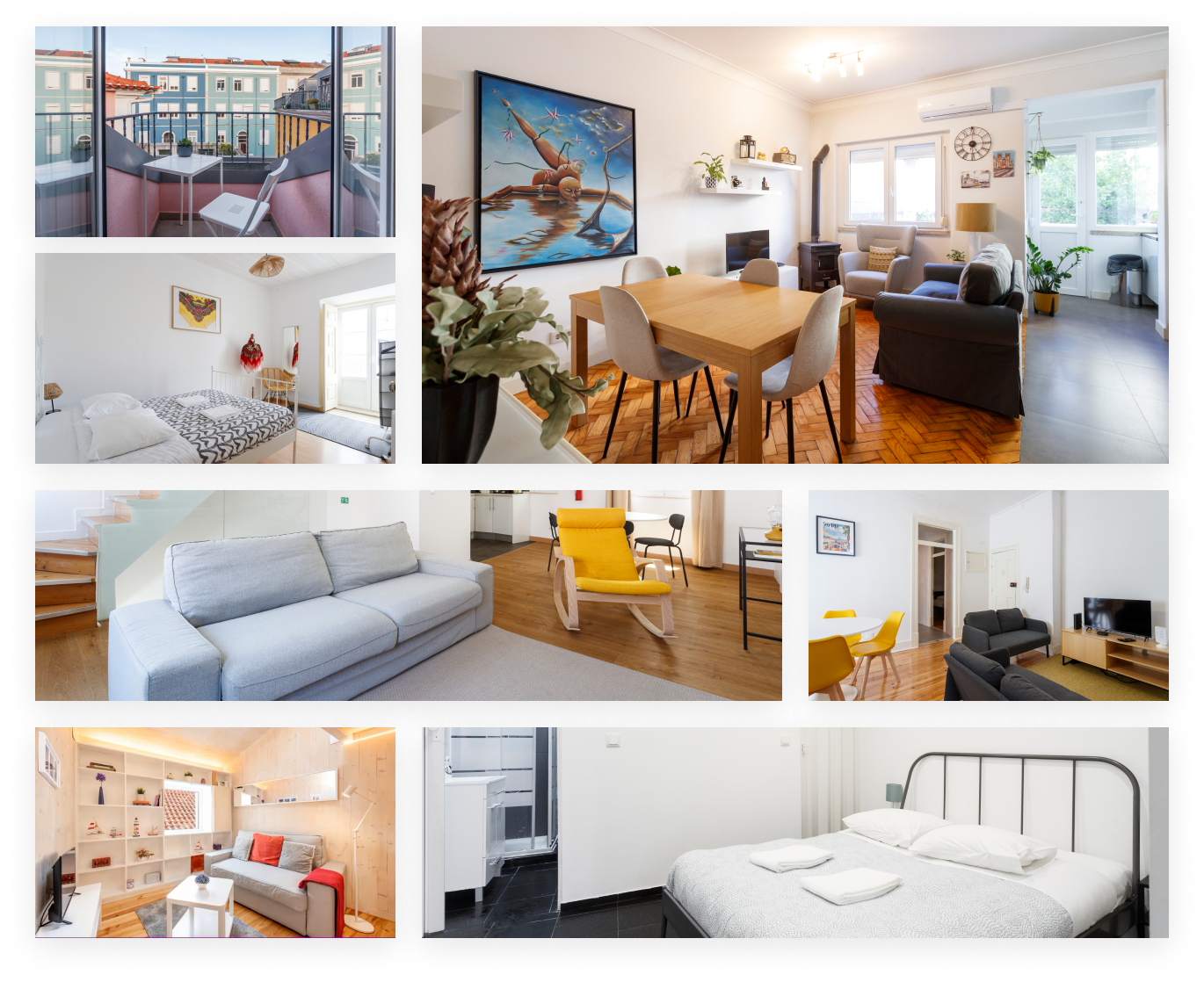 Interiores de alojamentos locais geridos pela Alojamos em Portugal: apartamentos modernos e confortáveis com salas luminosas, decoração contemporânea, varandas com vista urbana e quartos preparados para estadias curtas ou médias em Lisboa e arredores.