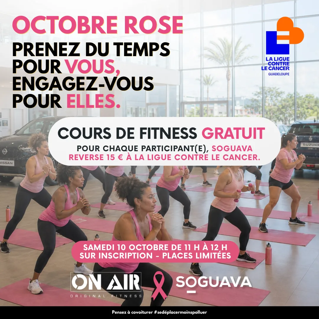 Octobre Rose chez Soguava : cours de fitness gratuit le samedi 10 octobre de 11 h à 12 h, avec On Air, au profit de la Ligue contre le cancer.