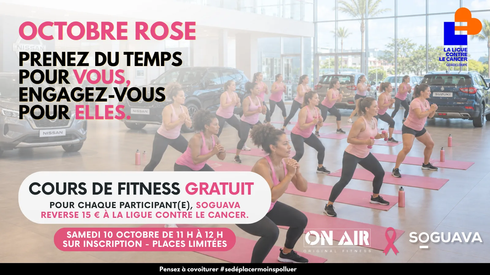 Octobre Rose chez Soguava : cours de fitness gratuit le samedi 10 octobre de 11 h à 12 h, avec On Air, au profit de la Ligue contre le cancer.