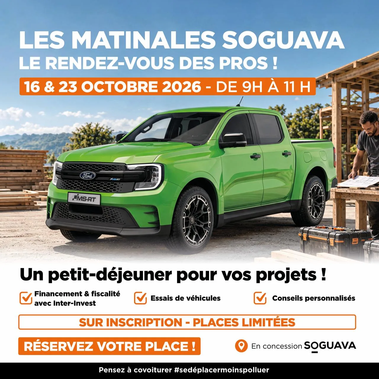 Les Matinales Soguava, le rendez-vous des pros : un pick-up Ford Ranger MS-RT vert sur un chantier, pour un petit-déjeuner pro les 16 et 23 octobre 2026 de 9 h à 11 h en concession Soguava.
