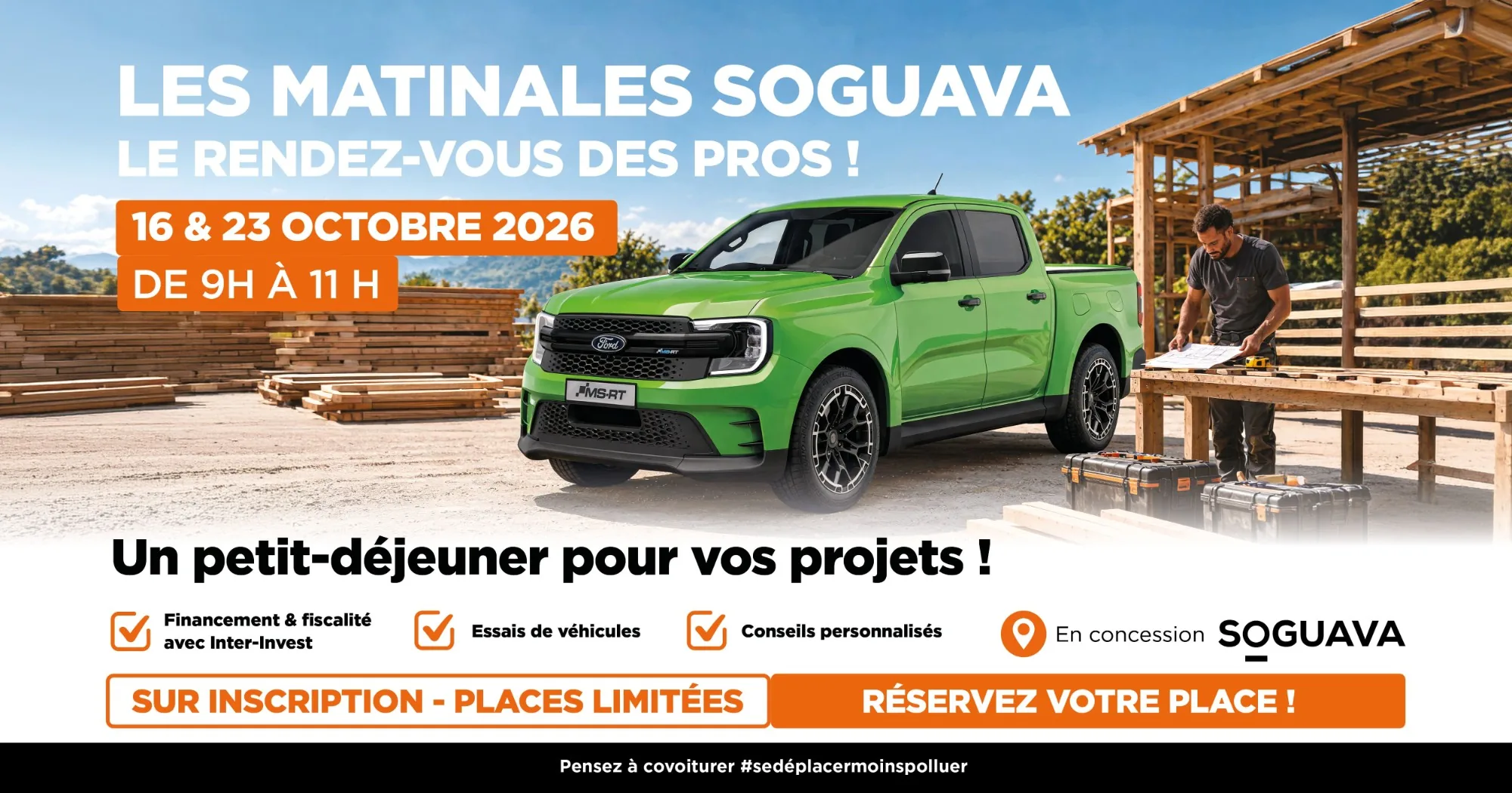 Les Matinales Soguava, le rendez-vous des pros : un pick-up Ford Ranger MS-RT vert sur un chantier, pour un petit-déjeuner pro les 16 et 23 octobre 2026 de 9 h à 11 h en concession Soguava.