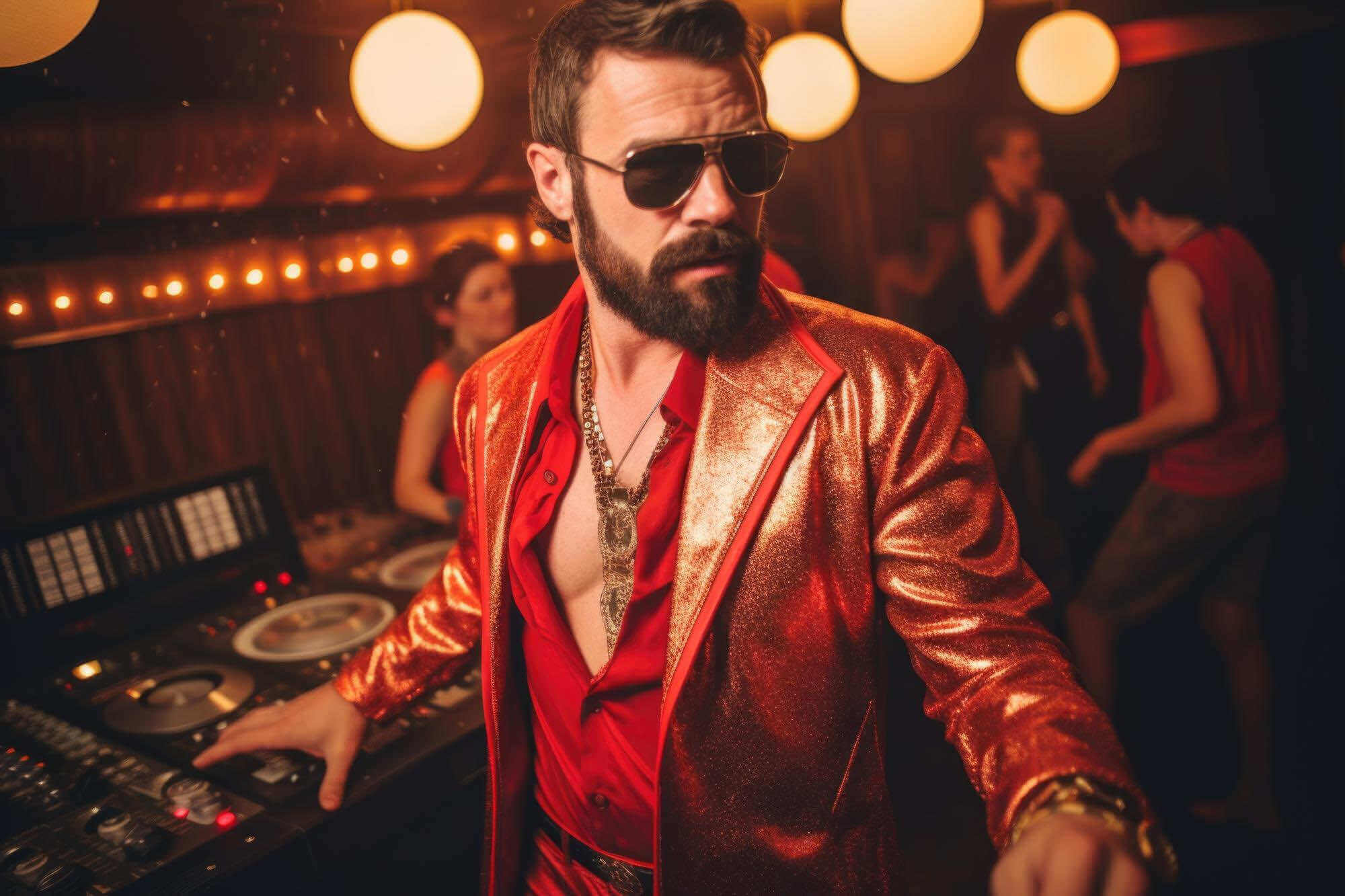 there is a man in a red suit and sunglasses standing in front of a dj