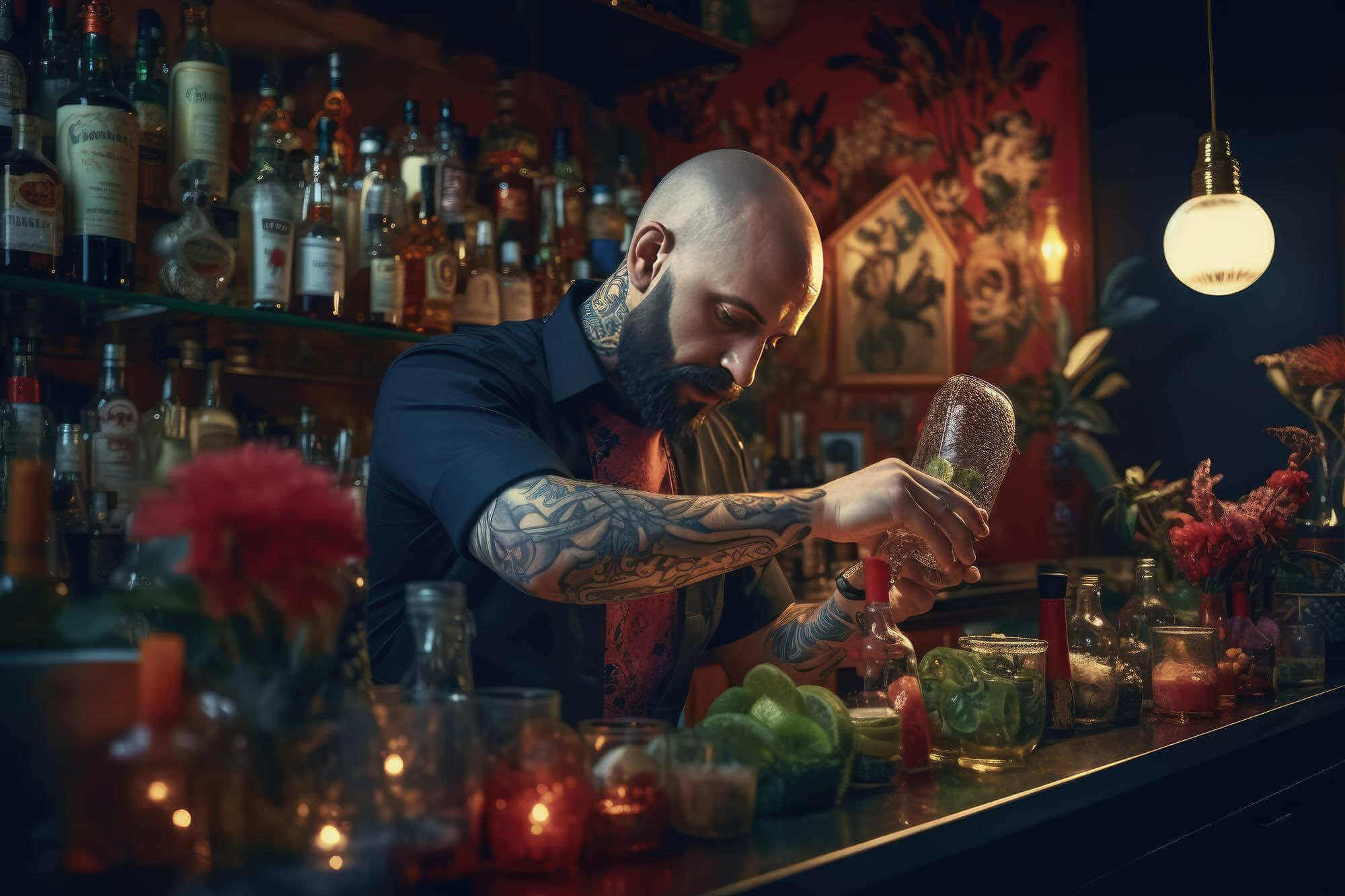 man with tattoos preparing a drink at a bar