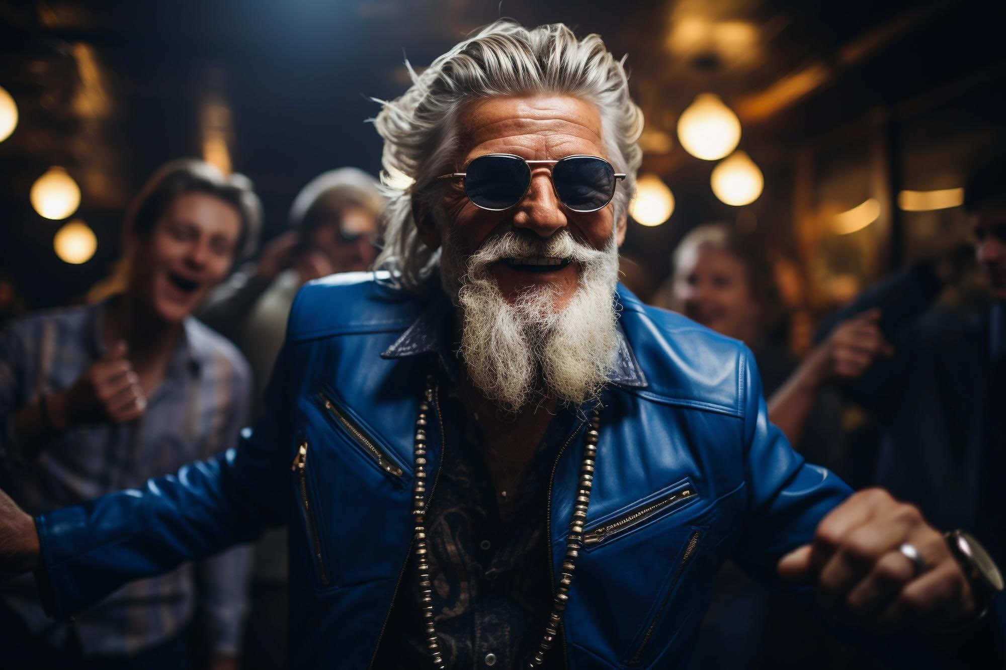 man with a long beard and sunglasses dancing in a crowd