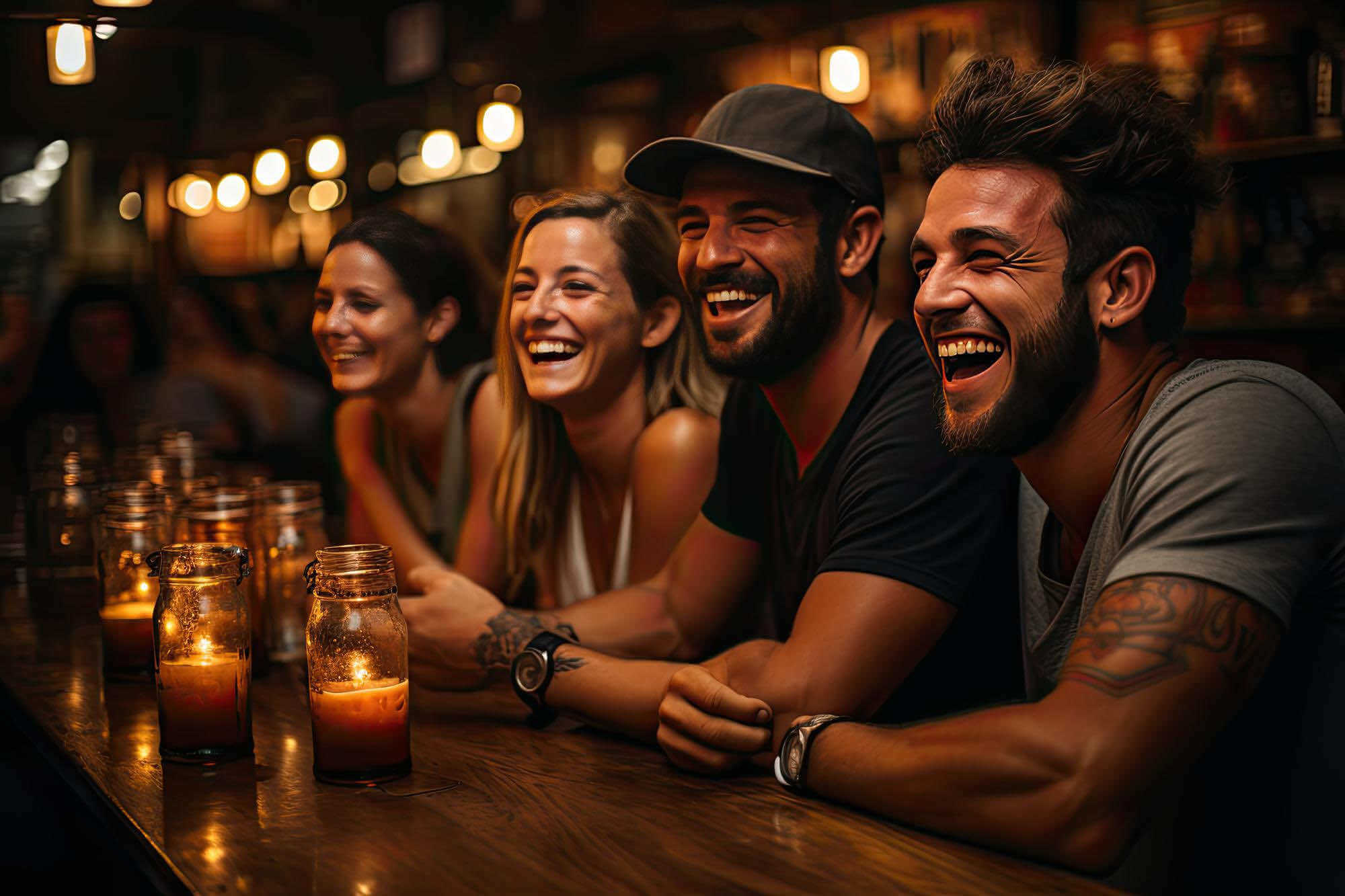 smiling people sitting at a bar with candles and drinks