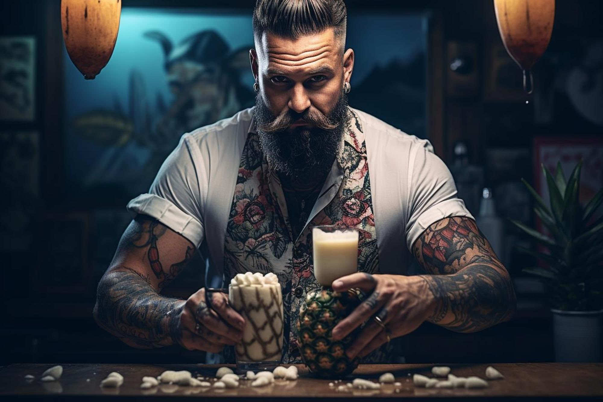 tattooed man with a candle and a pineapple in a bowl