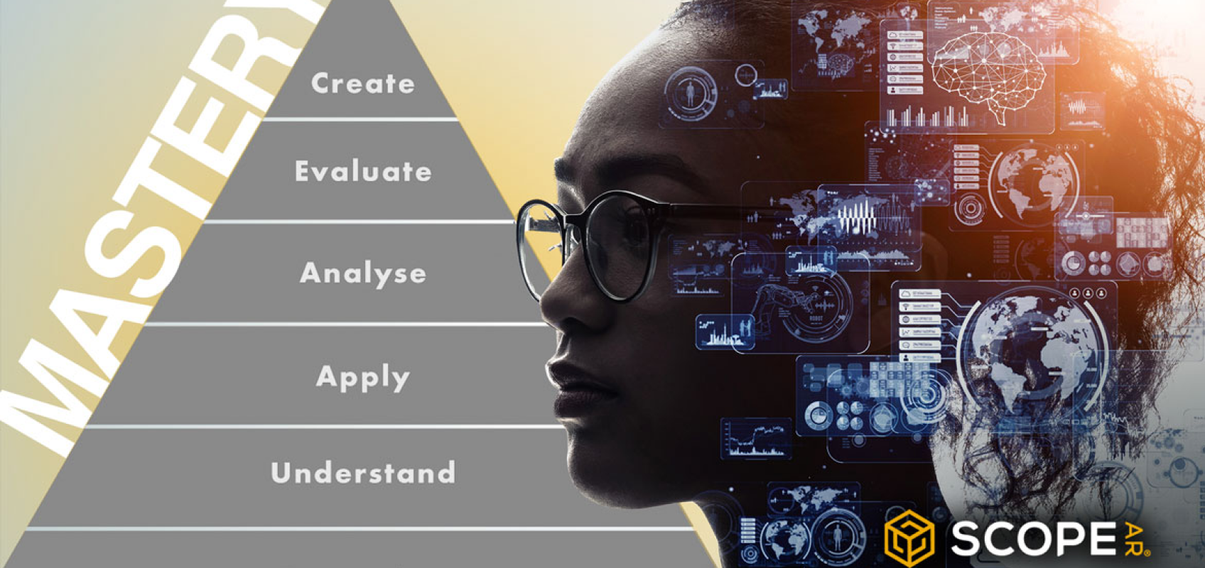 A futuristic image of a woman with a pyramid chart.
