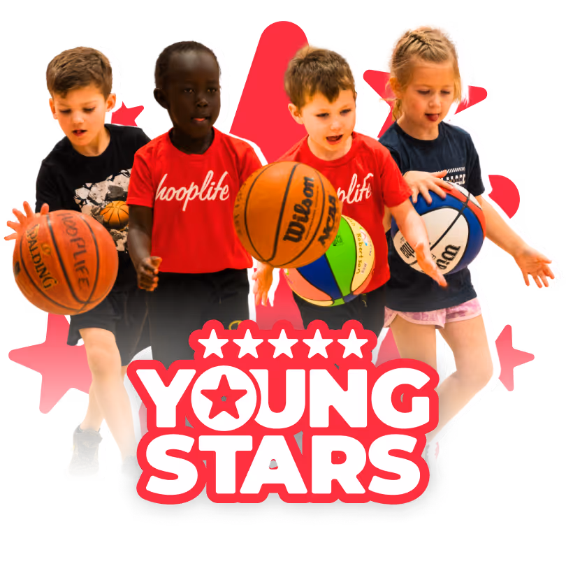 Four young children playing basketball with balls, standing behind the text 'Young Stars' with star graphics.
