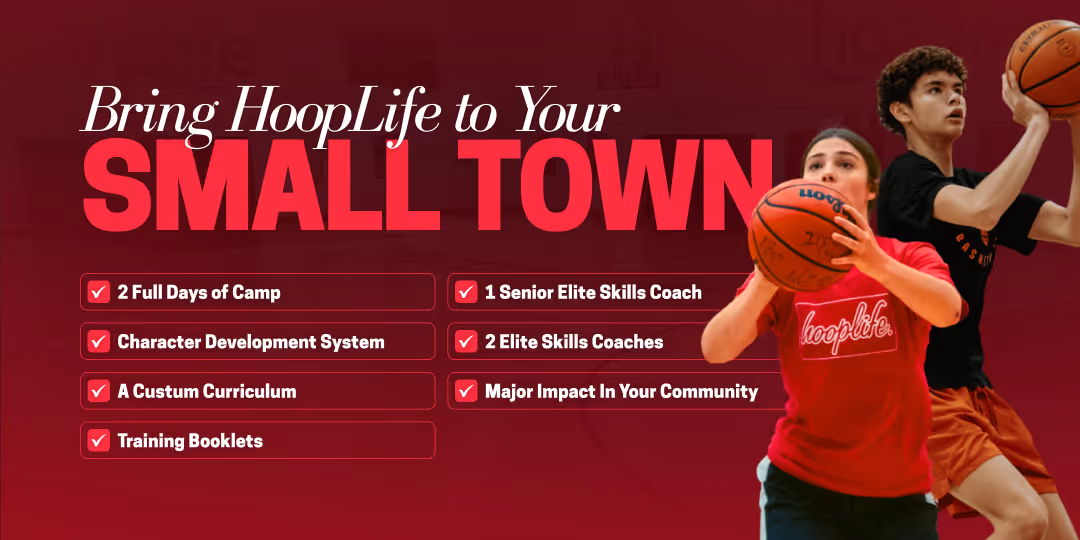 Banner with two basketball players and text highlighting HoopLife camp features for small towns including full days of camp, skill coaches, curriculum, and community impact.