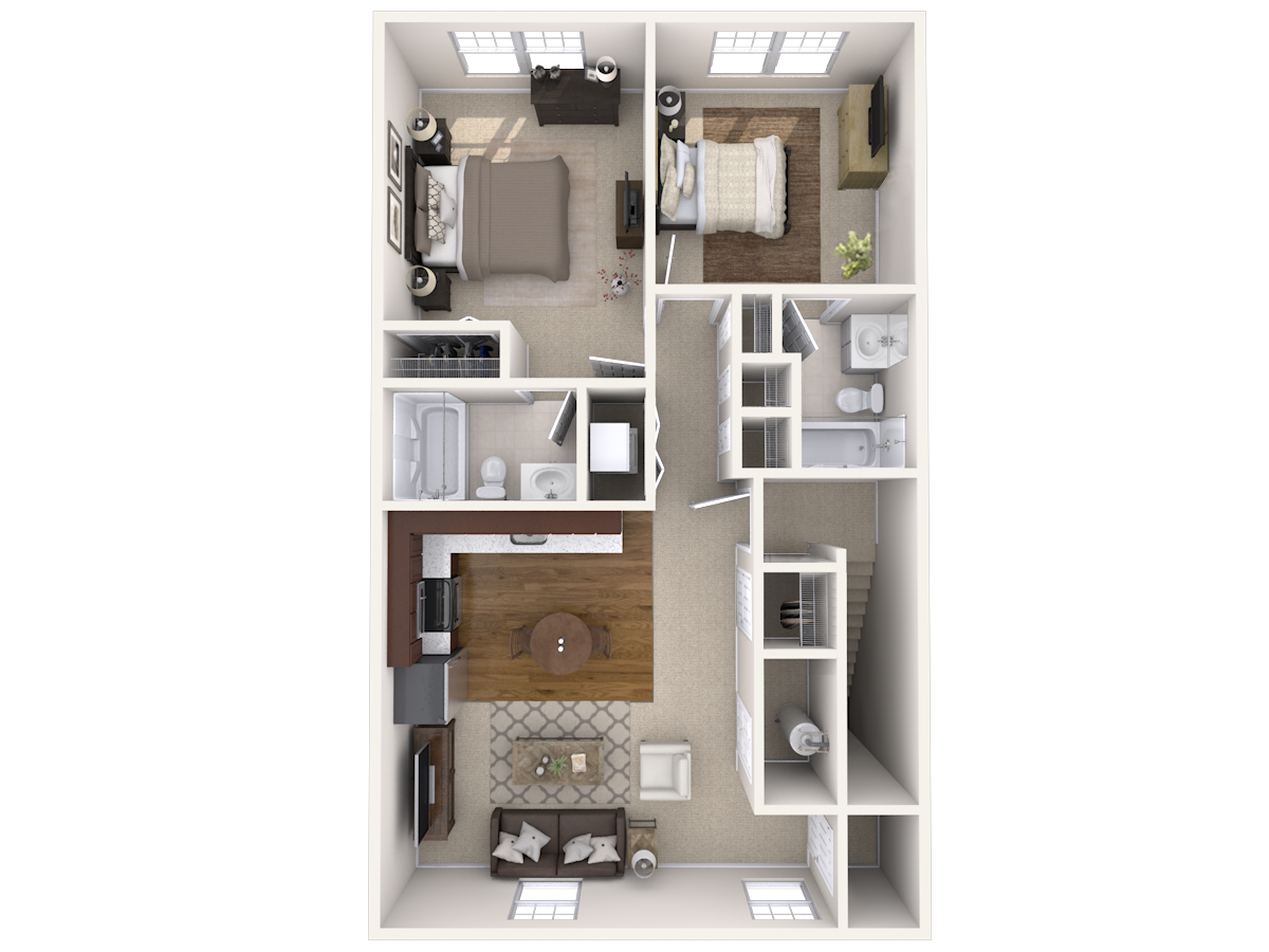 Limited availability floor plan for a 2-bedroom, 2-bathroom apartment, "The Hawley," at Meadowbrook Gardens in Mansfield Center, CT, with an open living room and kitchen.